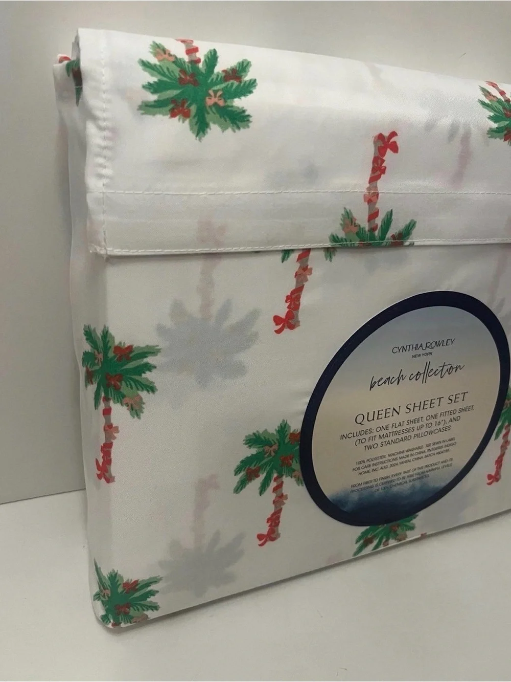 Cynthia Rowley Beach Collection Queen Size Sheet Set Bows on Palm Trees